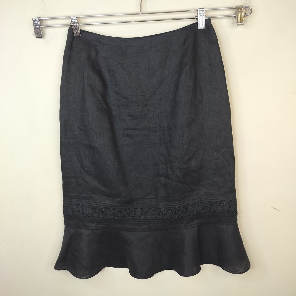 Ann Taylor LOFT Linen Skirt 8 Flounce Hem Eyelet Lace Classic Black